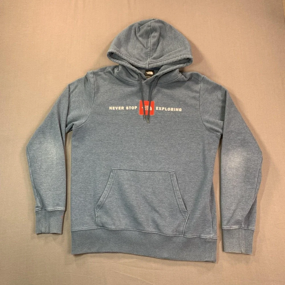 The‎ North Face Hoodie Mens Medium Blue Fleece Pullover Never Stop Exploring